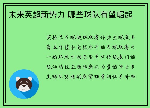 未来英超新势力 哪些球队有望崛起