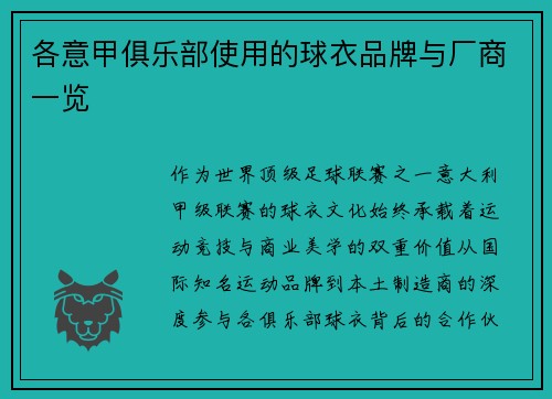 各意甲俱乐部使用的球衣品牌与厂商一览